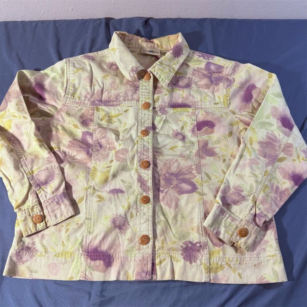 TravelSmith Womens Floral Button Up Jacket Off White Purple Grunge Cotton Small